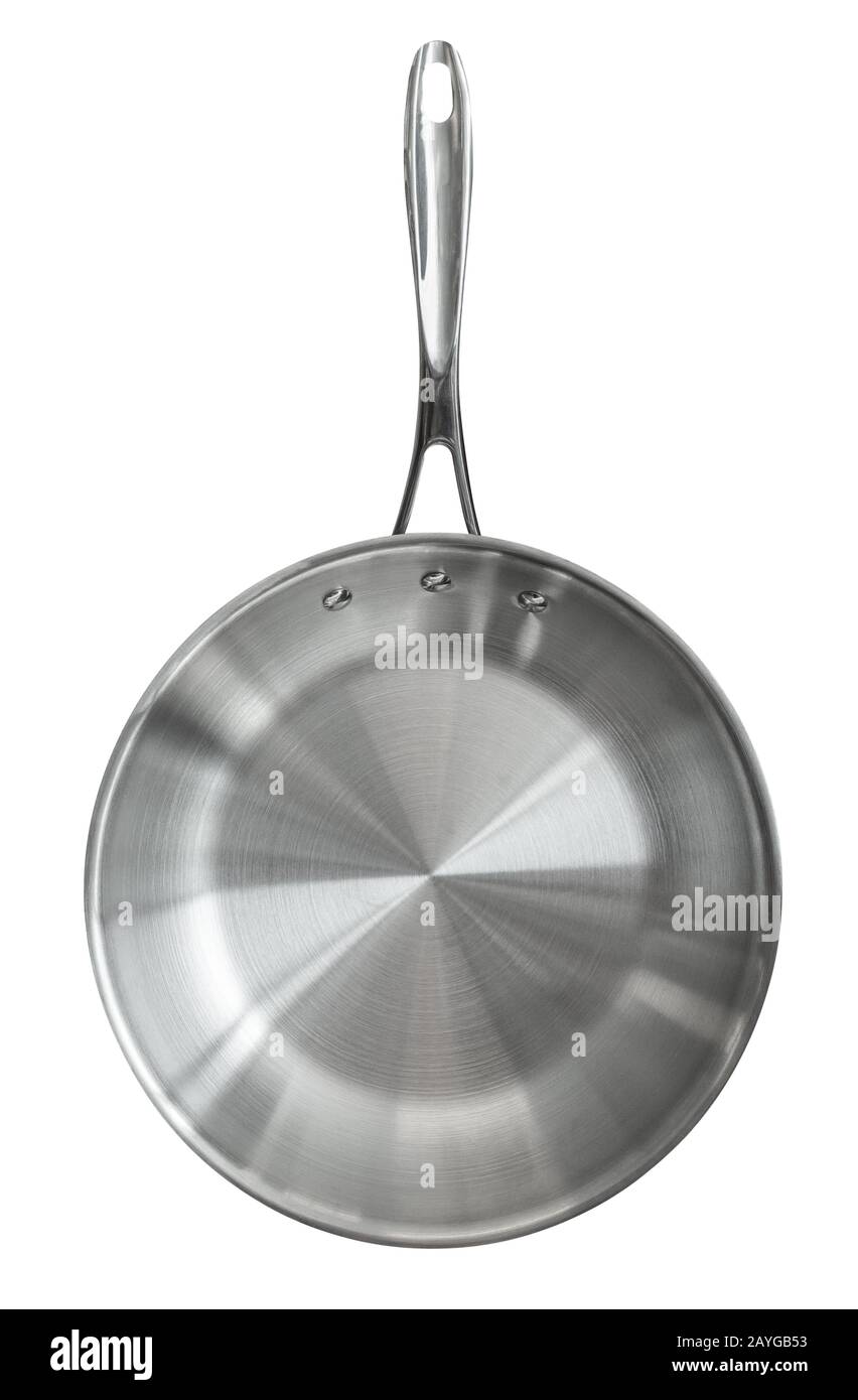Isolated Brand New Stainless Steel Frying Pan On A White Background Stock Photo