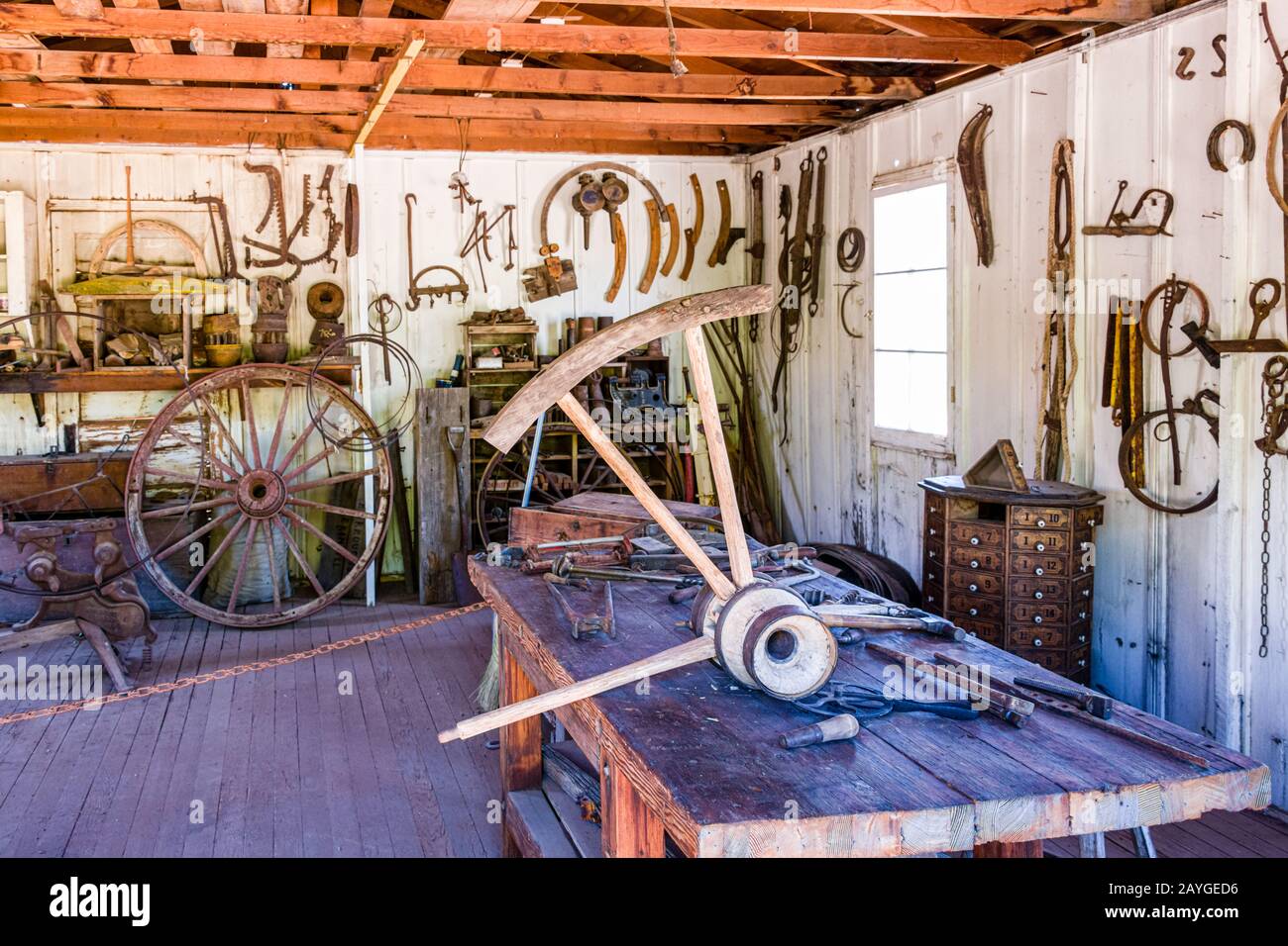 Pioneer Living History Museum Wheelwright Shop Interior Stock Photo