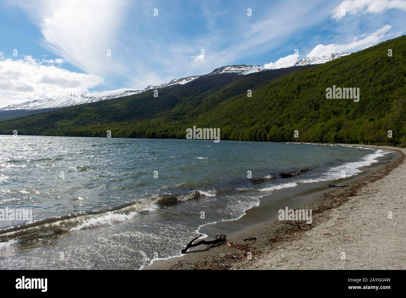 Acigami Lake (or Lake Roca) in Tierra del Fuego National Park near Ushuaia in Argentina. Stock Photo
