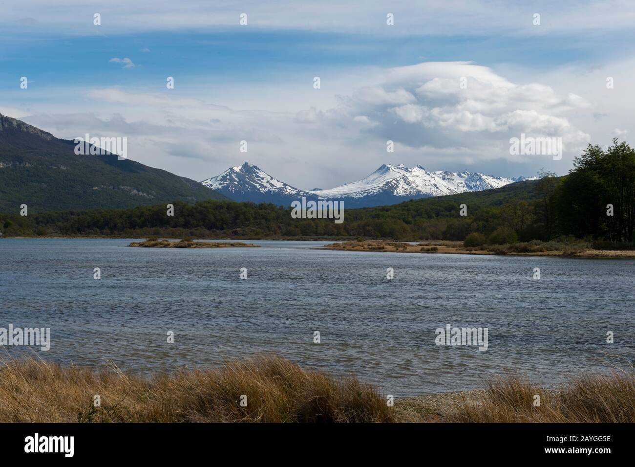 Acigami Lake (or Lake Roca) in Tierra del Fuego National Park near Ushuaia in Argentina. Stock Photo