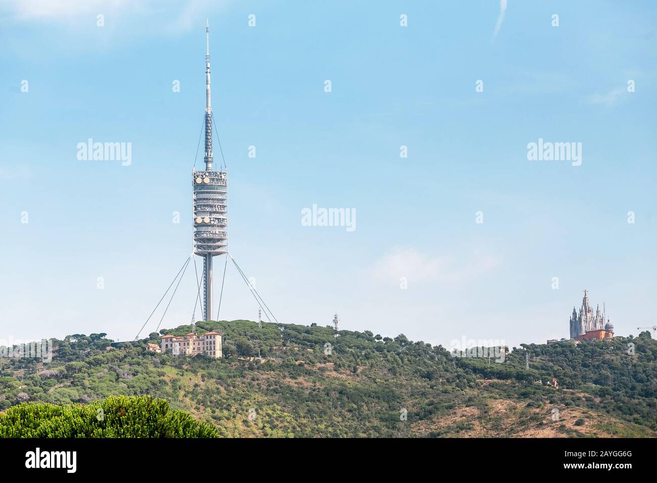 TV tower Torre de Collserola on the Tibidabo hill in Barcelona, Spain Stock Photo