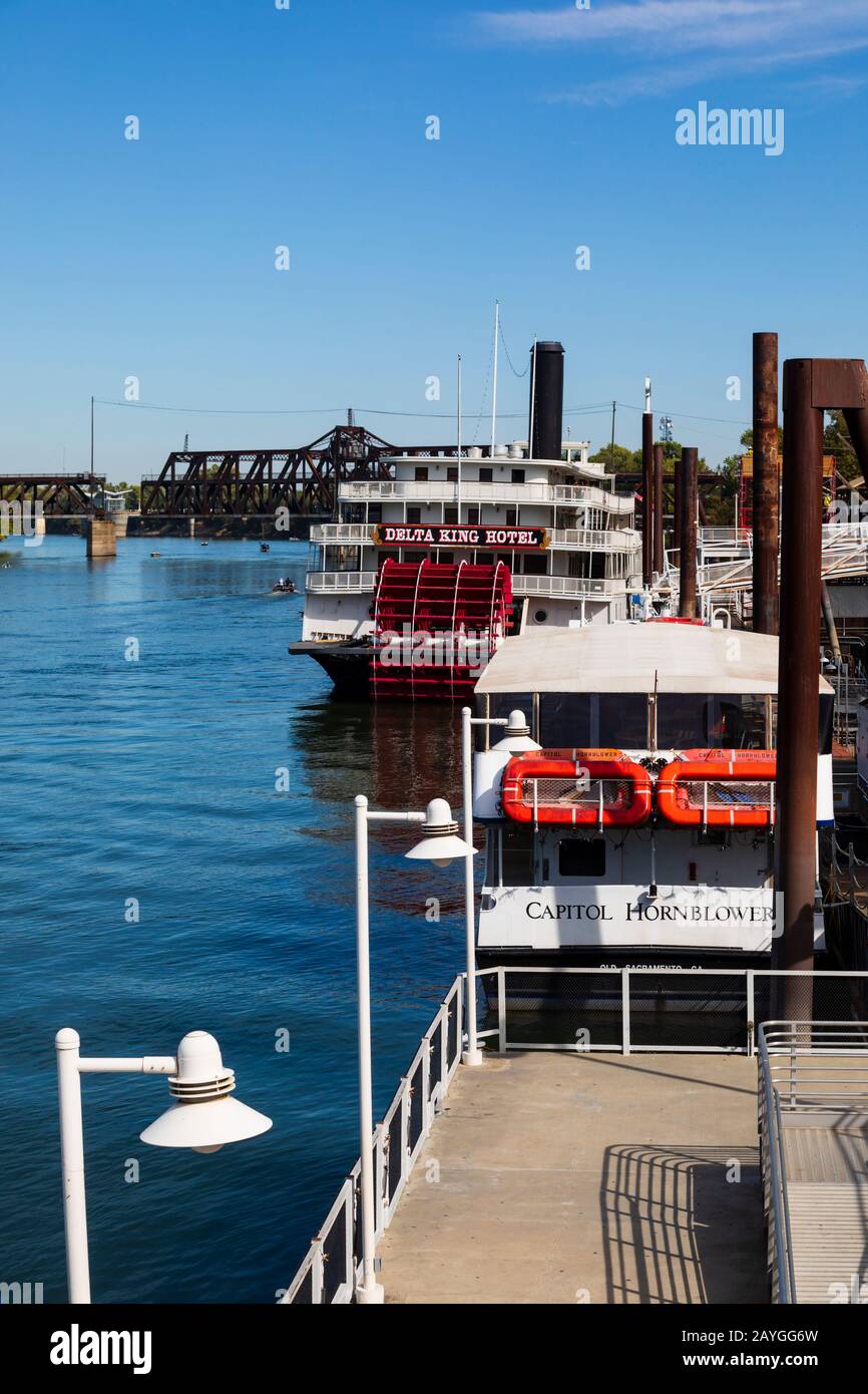 The Delta King riverboat hotel and bar, moored in Old Town Sacramento on the Sacramento River. California, USA Stock Photo