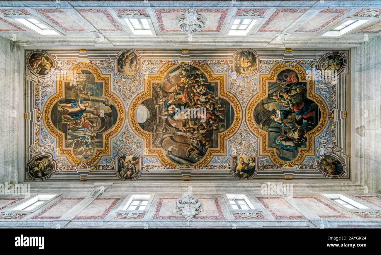 Frescoed ceiling in Ostuni Cathedral. Apulia (Puglia), southern Italy. Stock Photo
