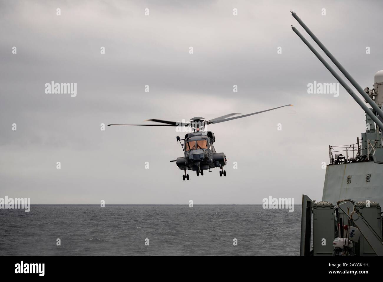 While operating at sea, a Royal Canadian Air Force CH-148 Cyclone helicopter takes off from HMCS VILLE DE QUEBEC during Exercise Cutlass Fury. Stock Photo