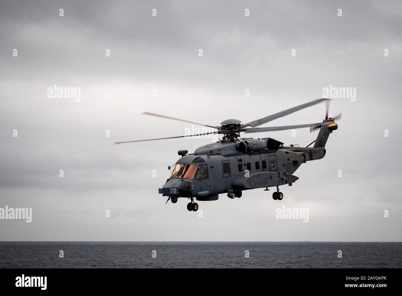 While operating at sea, a Royal Canadian Air Force CH-148 Cyclone helicopter takes off from HMCS VILLE DE QUEBEC during Exercise Cutlass Fury. Stock Photo