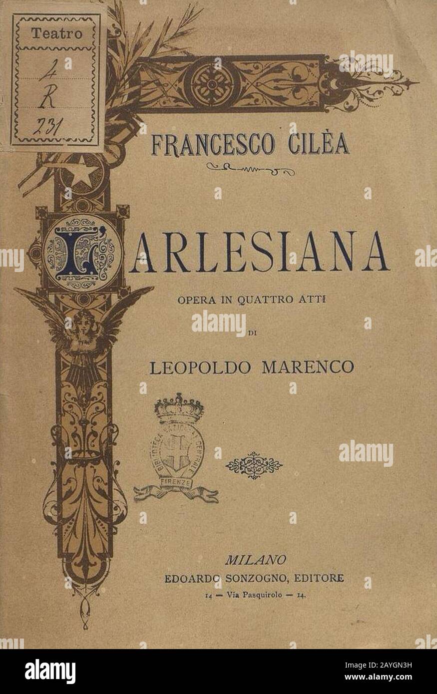 Francesco Cilea - L'Arlesiana - title page of the libretto, Milan 1897. Stock Photo