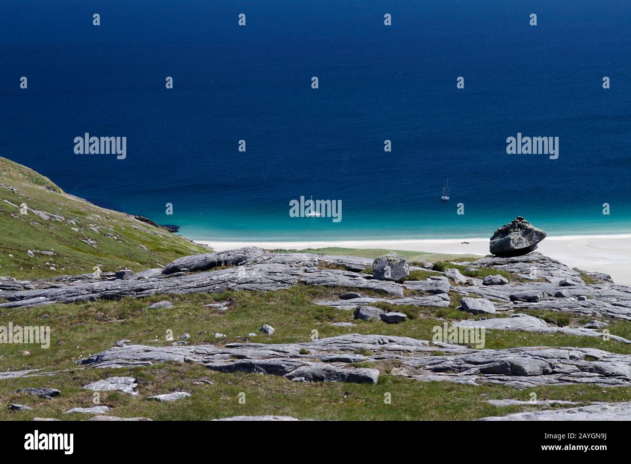 Looking down on sailing yachts anchored in Mingulay Bay, Mingulay