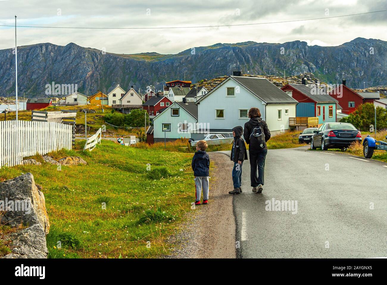 family in Gjesvaer village closest to the North Cape, Norway, Europe Stock Photo