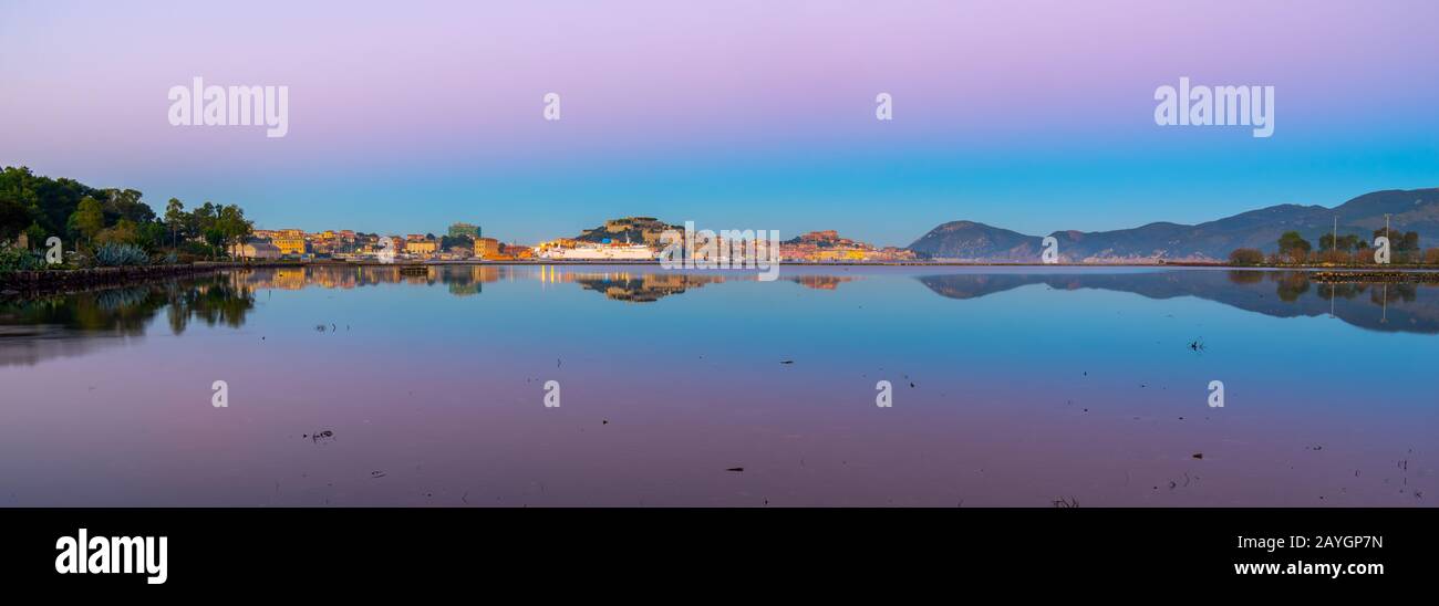 Panoramic view of Portoferraio bay at sunset in Elba Island, Tuscany, Italy Stock Photo