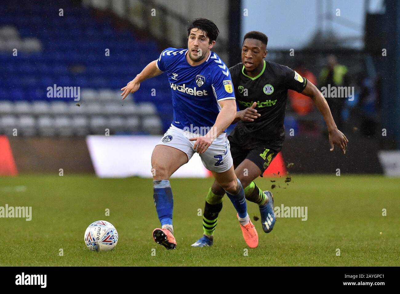 Oldham, UK. 15th Feb, 2020. OLDHAM, LANCASHIRE - FEBRUARY 15TH Zak Mills of Oldham Athletic and Ebou Adams of Forest Green Rovers during the Sky Bet League 2 match between Oldham Athletic and Forest Green Rovers at Boundary Park, Oldham on Saturday 15th February 2020. (Credit: Eddie Garvey | MI News) Photograph may only be used for newspaper and/or magazine editorial purposes, license required for commercial use Credit: MI News & Sport /Alamy Live News Stock Photo
