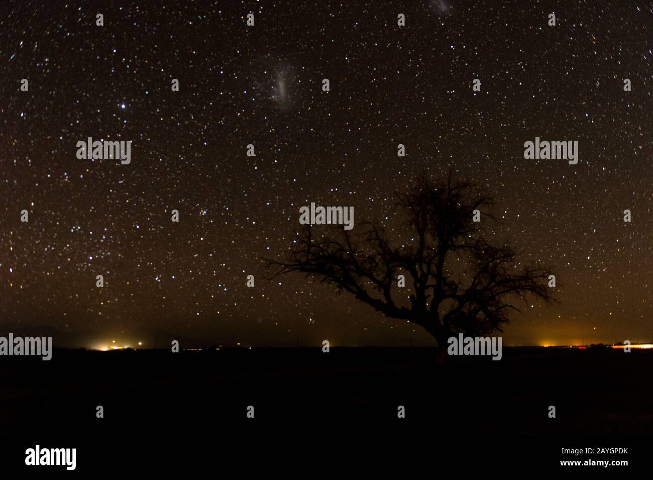 The southern sky at night with the Magellanic Clouds near San Pedro de Atacama in the Atacama Desert, northern Chile. Stock Photo