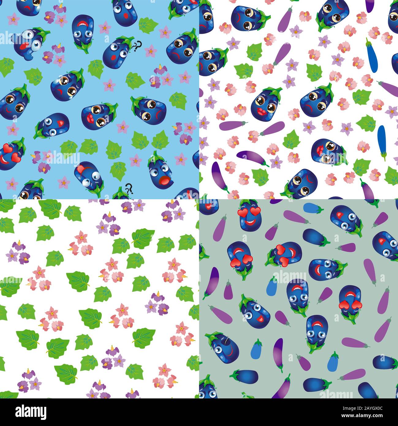 Set of cute seamless pattern with cartoon emoji vegetables Stock Vector