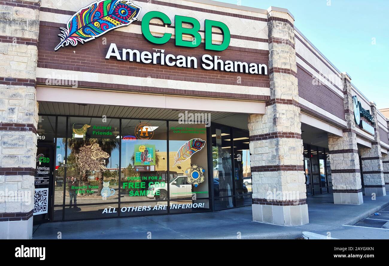 CBD American Shaman store exterior in Houston, TX. A chain store that provides medicinal Hemp oil products after Marijuana law changes. Stock Photo