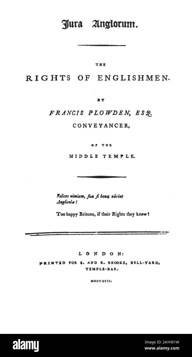 Francis Plowden, Jura Anglorum (1st ed, 1792, title page). Stock Photo