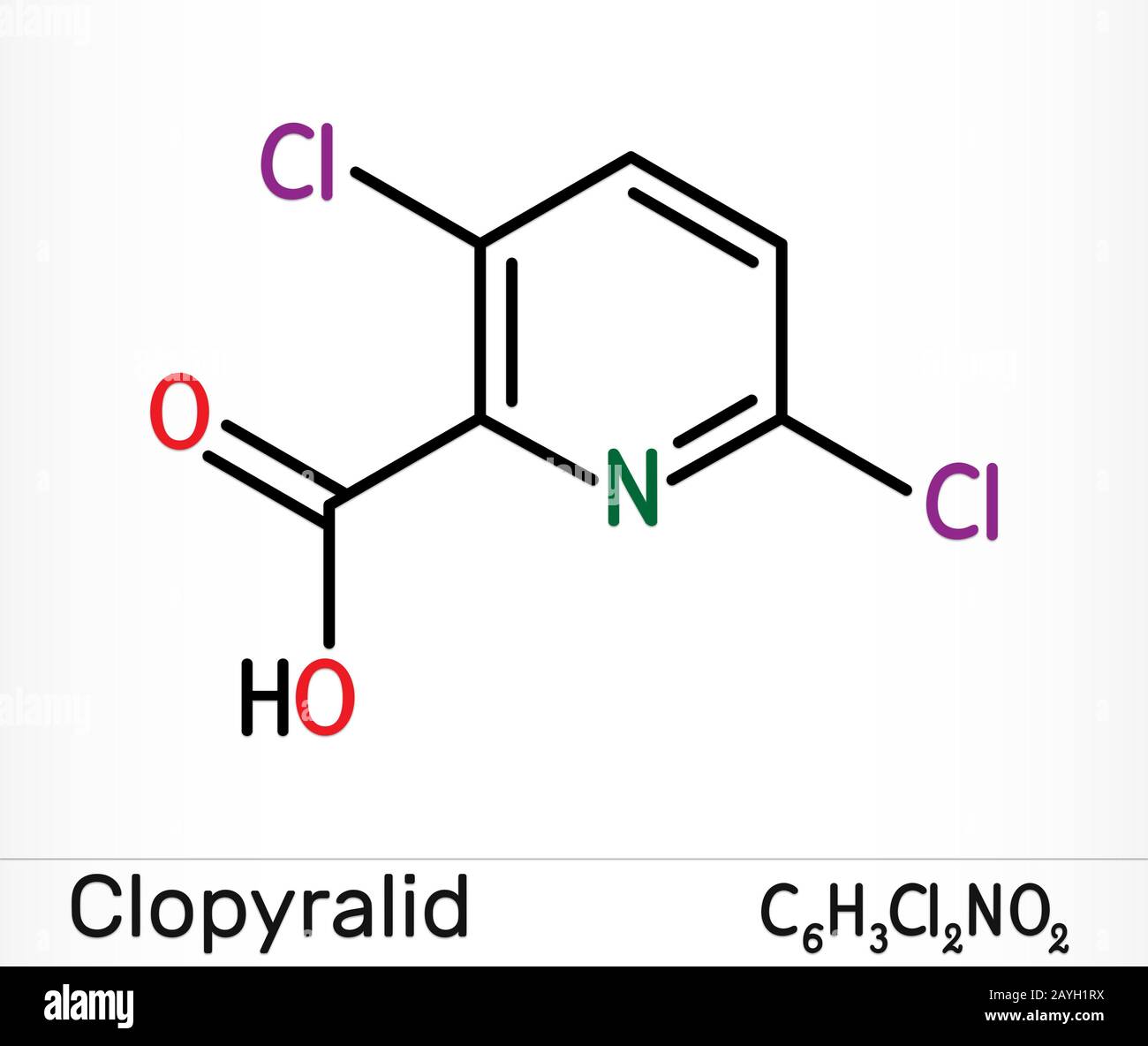 Clopyralid, C6H3Cl2NO2 molecule. It is herbicide, organochlorine pesticide.  Skeletal chemical formula. Illustration Stock Photo - Alamy