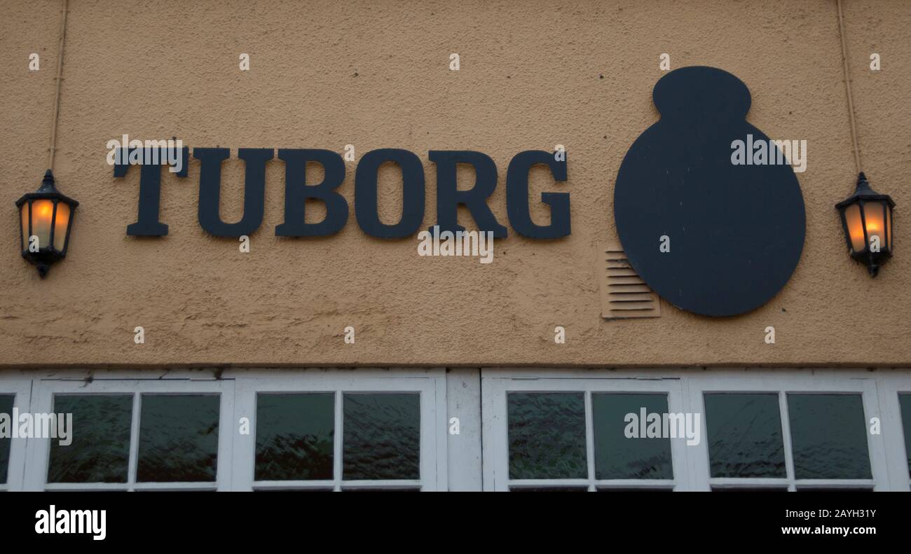 Randers, Denmark - 08 feb 2020: The logo of the Tuborg building in Randers. Stock Photo