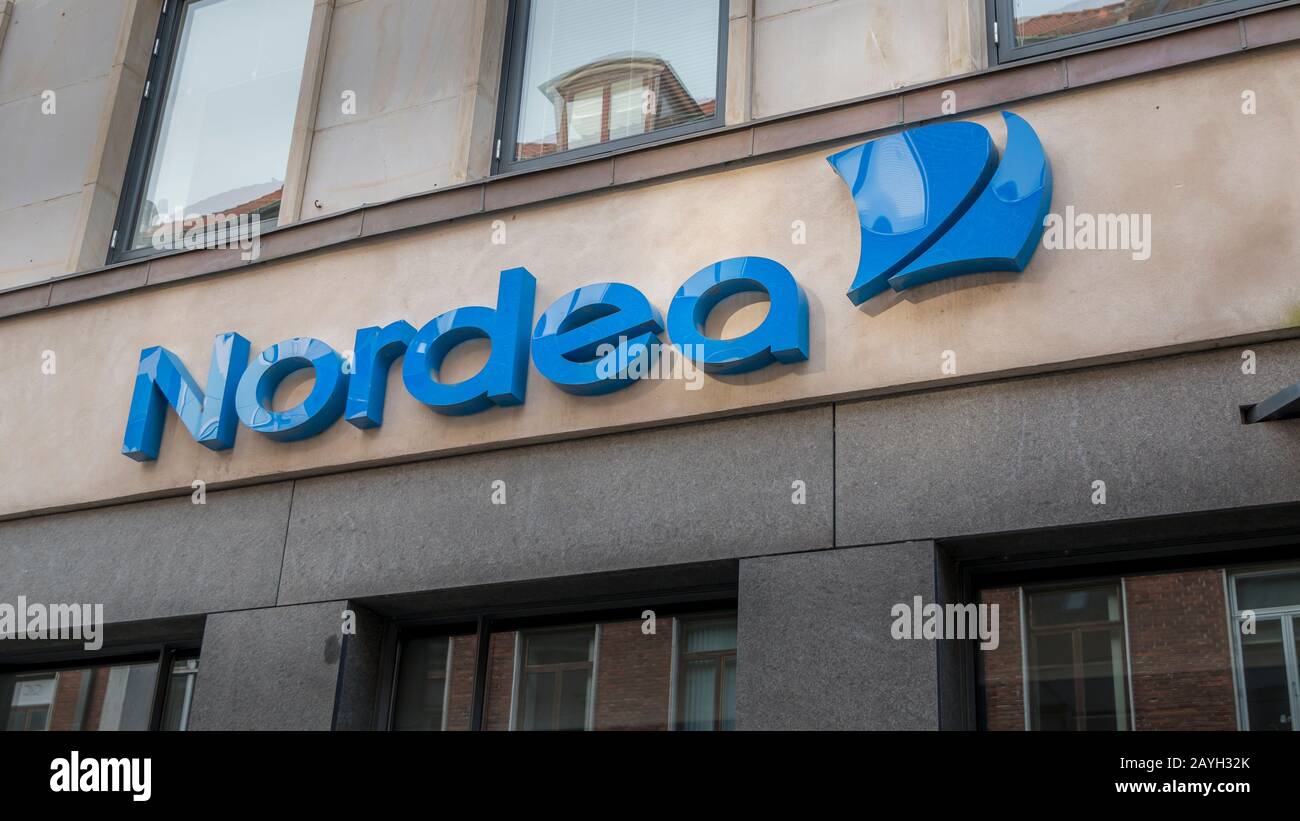 Randers, Denmark - 08 feb 2020: The logo of the Nordea building in Randers. Stock Photo