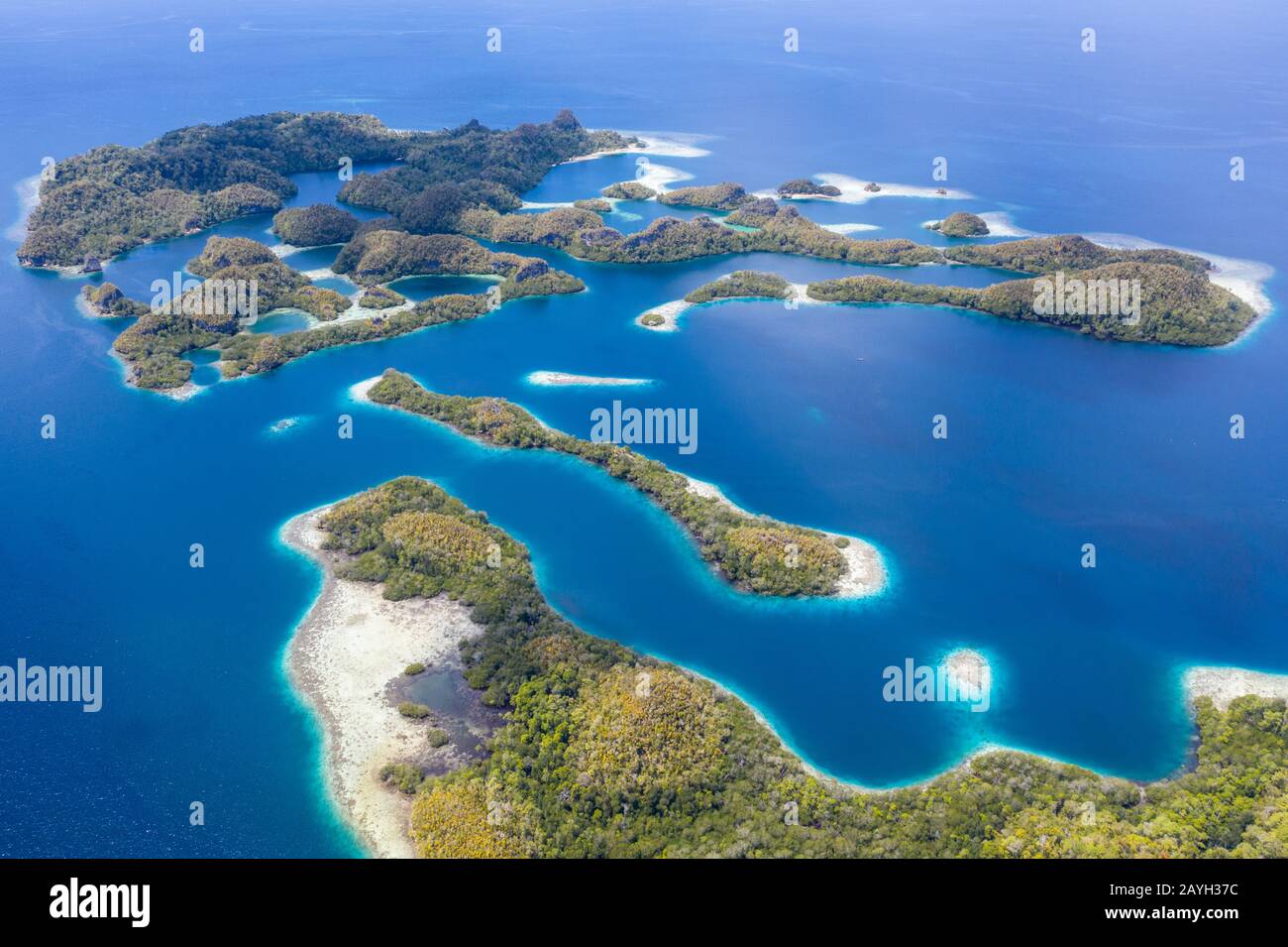 Forest-covered limestone islands rise from the seascape in Raja Ampat, Indonesia. This remote region is known for its great marine biodiversity. Stock Photo