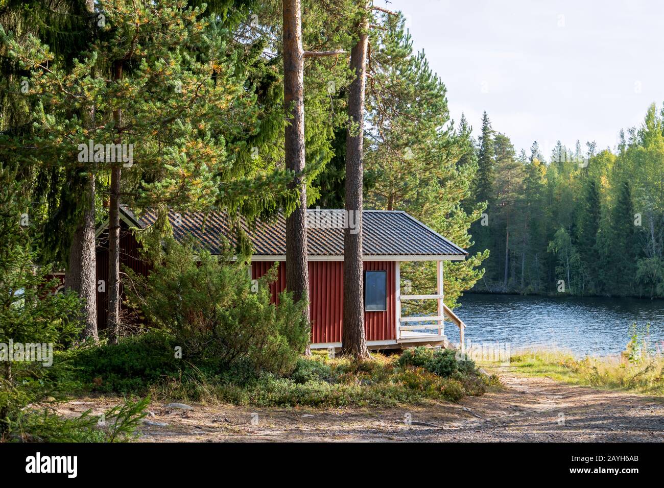 Red wooden finnish traditional cabins cottages in green pine forest near river. Rural architecture of northern Europe. Wooden houses in camping on sun Stock Photo