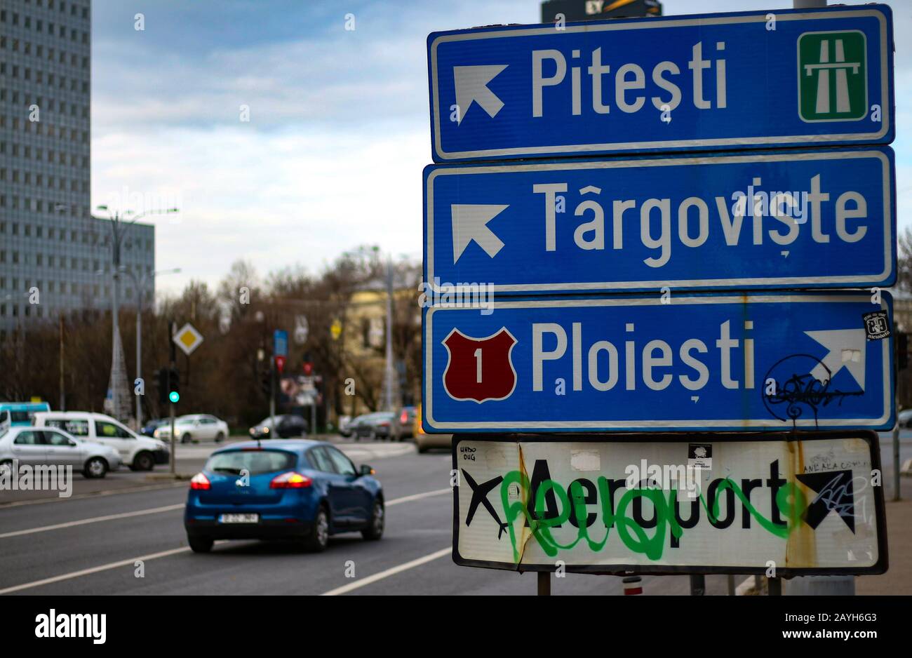 Bucharest, Romania - January 06, 2020: Direction indicator road signs for the main cities can be seen in Victoriei Square, Bucharest. Stock Photo
