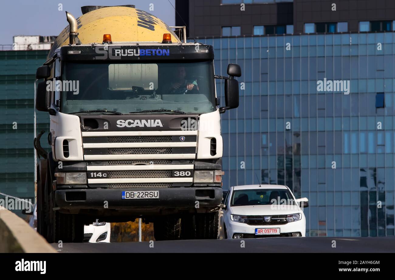 Bucharest, Romania - October 17, 2018: A Rusu Beton Concrete mixer Scania  truck is in traffic in Bucharest Stock Photo - Alamy