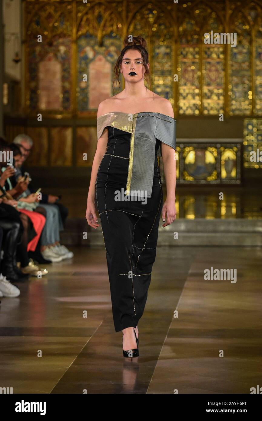 London, UK.  15 February 2020. A model presents a look by Evelina Anglickaite (Amsterdam) at Fashions Finest, an off-schedule show, at St. John's Church in Paddington, featuring emerging designers during London Fashion Week AW20.  Credit: Stephen Chung / Alamy Live News Stock Photo