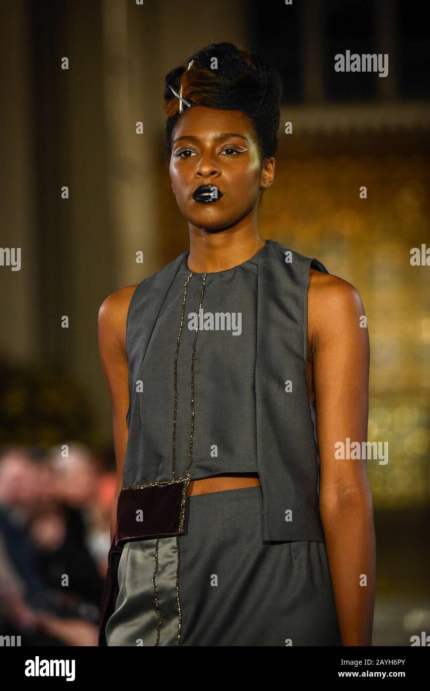 London, UK.  15 February 2020. A model presents a look by Evelina Anglickaite (Amsterdam) at Fashions Finest, an off-schedule show, at St. John's Church in Paddington, featuring emerging designers during London Fashion Week AW20.  Credit: Stephen Chung / Alamy Live News Stock Photo