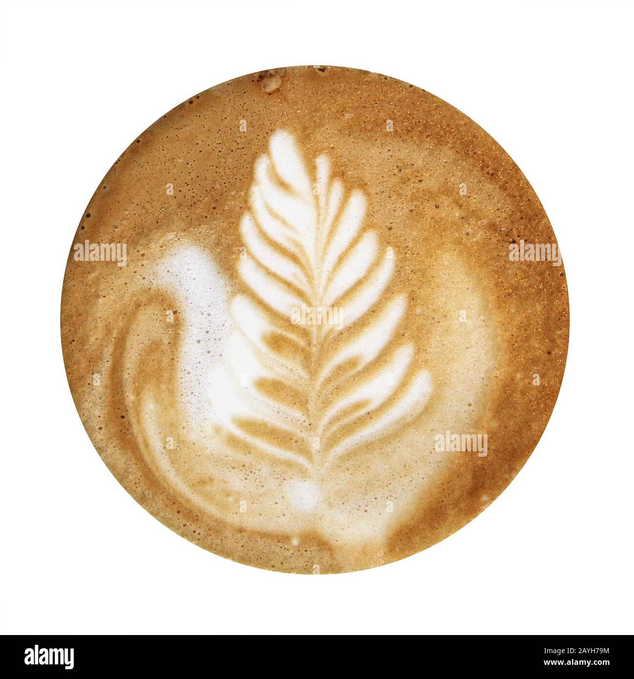 Closeup up of coffee latte foam with leaf design art isolated on a white background, viewed from top. Stock Photo
