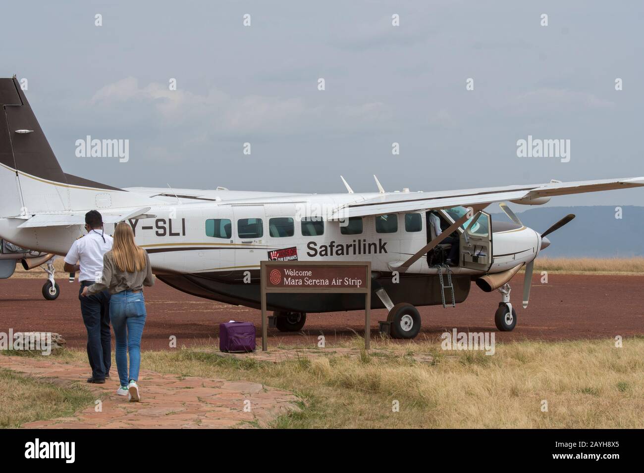 A Cessna Caravan at a landing strip in the Masai Mara National Reserve in Kenya. Stock Photo
