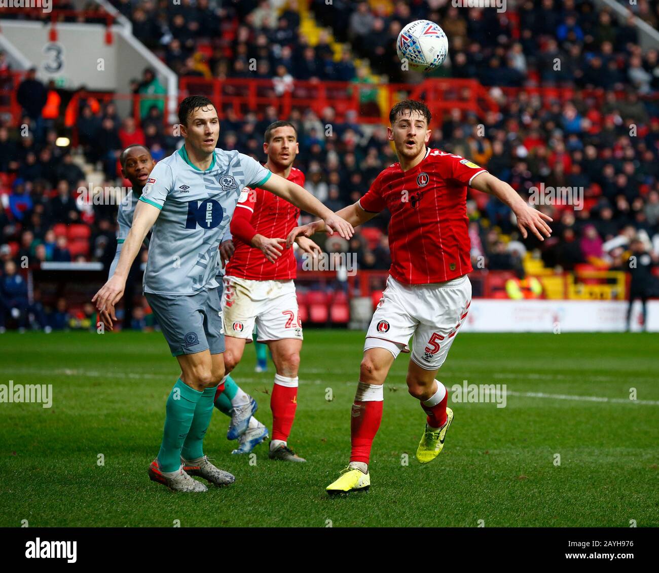 Charlton, UK. 15th Feb, 2020. CHARLTON ENGLAND - FEBRUARY 15: L-R Blackburn Rovers' Stewart Downing and Charlton Athletic's Tom Lockyer during Championship match between Charlton Athletic and Blackburn Rovers at The Valley Stadium on February 15, 2020 in Charlton, England Credit: Action Foto Sport/Alamy Live News Stock Photo