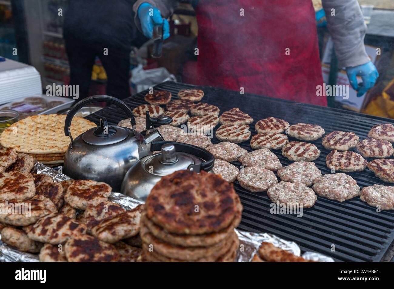 Pork sausage and hot dogs on the grill, Hot Dogs, Hamburgers & Sausage