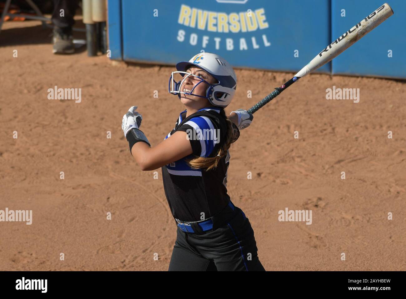 UC Riverside Highlanders infielder Emma Ramelot (22) hits the ball during an NCAA softball game against Idaho State on Friday, Feb. 14, 2020 in Riverside, Calif. UC Riverside defeated Idaho 2-1. (Photo by IOS/ESPA-Images) Stock Photo