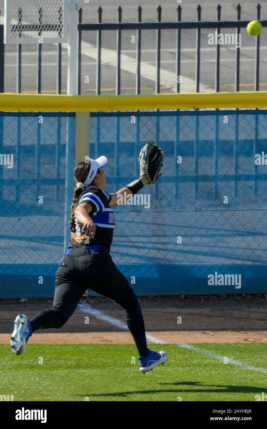 UC Riverside Highlanders infielder Danielle Ortega (21) attempts to catch the ball during an NCAA softball game against Idaho State on Friday, Feb. 14, 2020 in Riverside, Calif. UC Riverside defeated Idaho 2-1. (Photo by IOS/ESPA-Images) Stock Photo