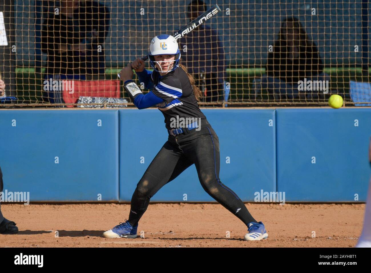 UC Riverside Highlanders infielder Marissa Burk (1) attempts to hit the ball during an NCAA softball game against Idaho State on Friday, Feb. 14, 2020 in Riverside, Calif. UC Riverside defeated Idaho 2-1. (Photo by IOS/ESPA-Images) Stock Photo