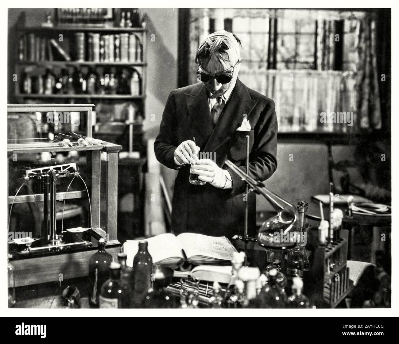 The Invisible Man (1933) directed by James Whale and starring Claude Rains, Gloria Stuart, William Harrigan and Henry Travers. H.G. Wells’ novel about a scientist who turns invisible and slowly insane hits the big screen in style. Stock Photo