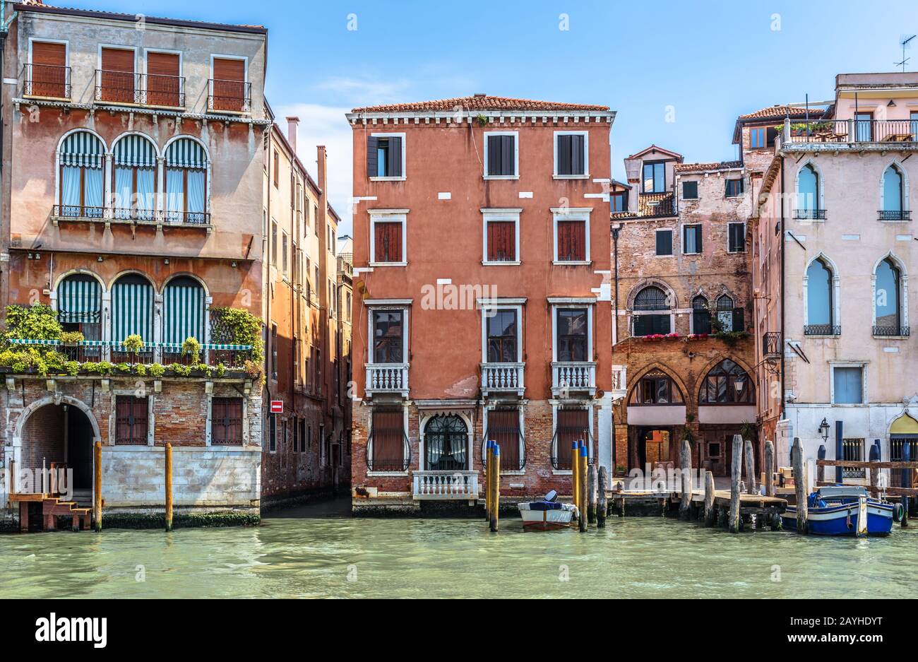 Old houses on Grand Canal, Venice, Italy. Vintage hotels and