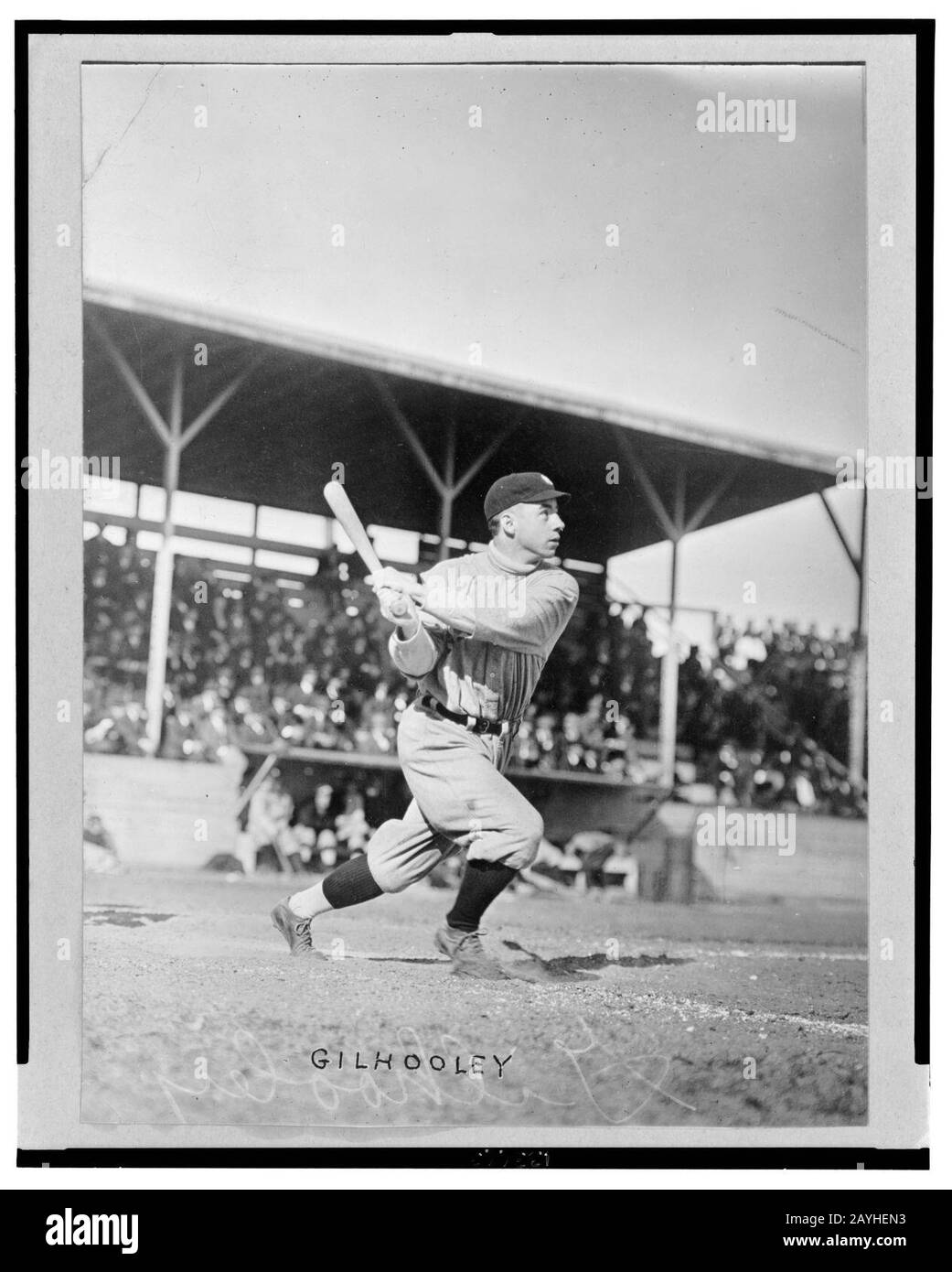 Frank Gilhooley, baseball player with the New York Yankees, swings his bat at home plate Stock Photo