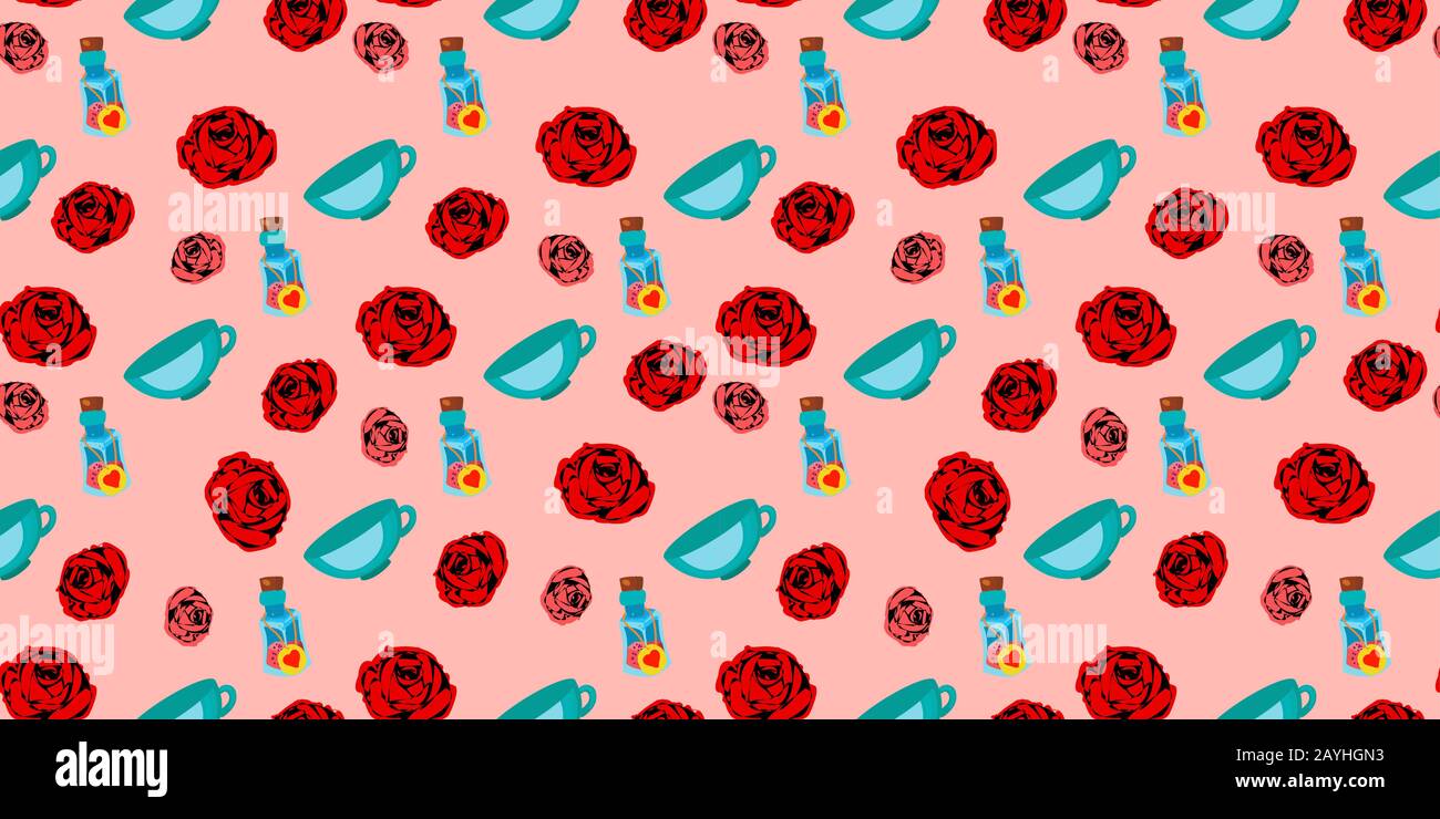 playing cards seamless pattern. Red rose on a pink background.. Stock Vector