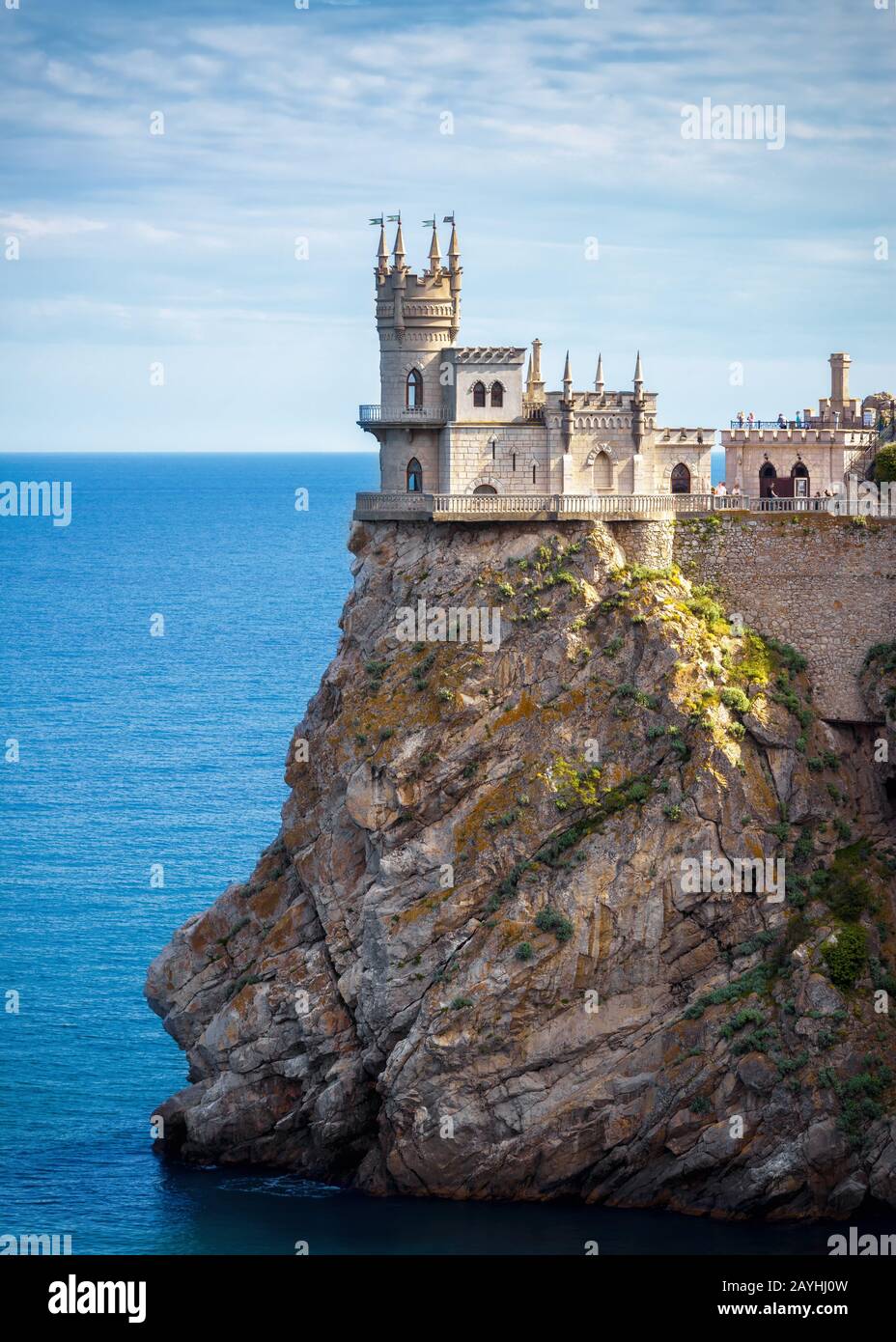 Castle Swallow's Nest on the rock in Black Sea, Crimea, Russia. It is a symbol of Crimea. Scenic view of Crimea southern coast. Crimea landmark. Stock Photo