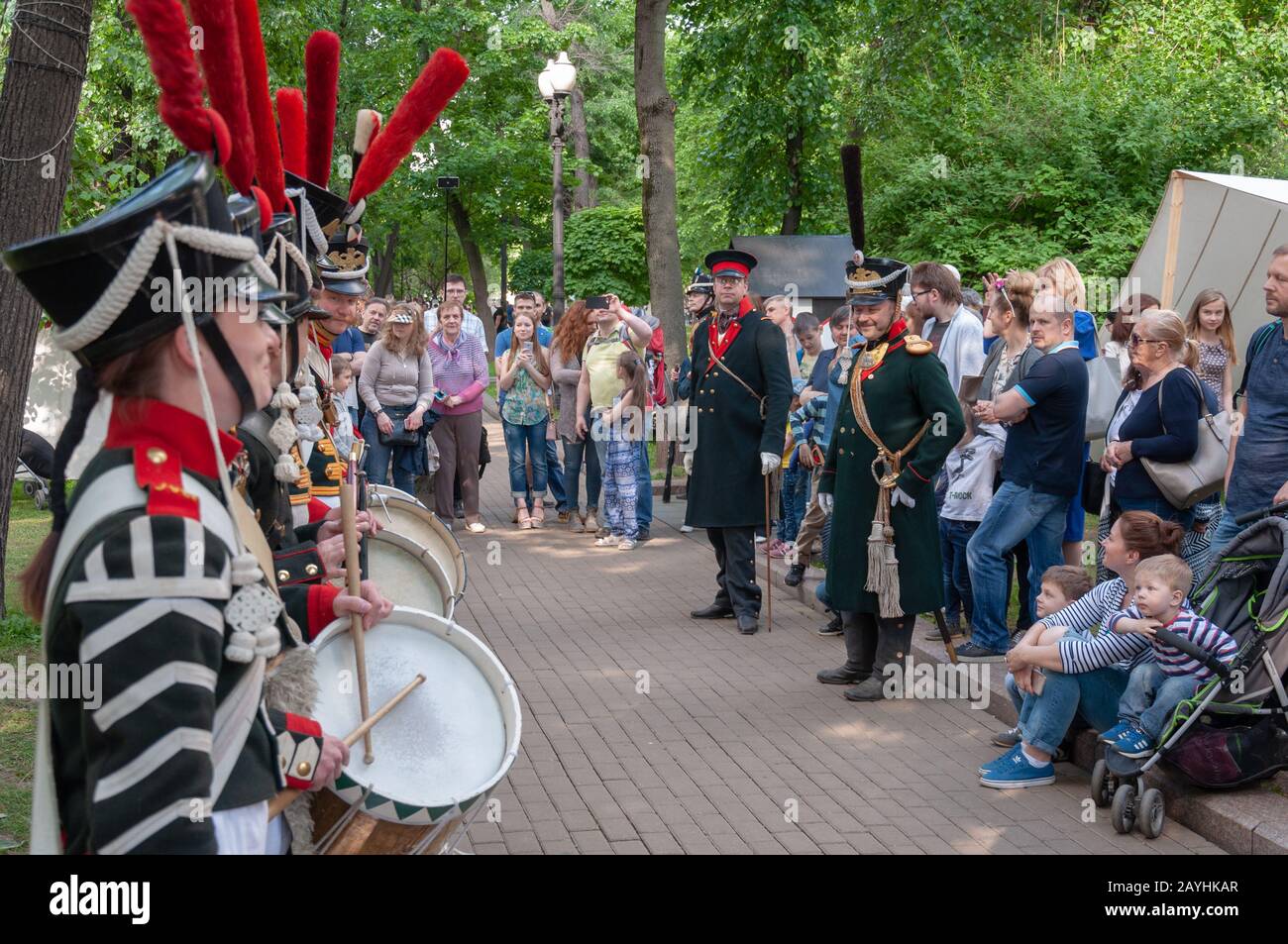 Moscow, Russia - June 12, 2017:  Moscow historical festival Times and epochs. Russian army of the 19th century on Moscow streets. Stock Photo