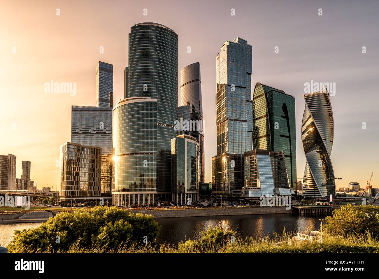 Moscow-City skyscrapers at sunset, Russia. Moscow-City is a business district on embankment of Moskva River. Modern tall buildings of Moscow in sunlig Stock Photo