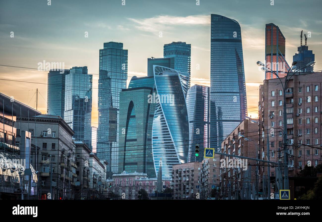Moscow-City at sunset, Russia. Panorama of the modern skyscrapers in Moscow downtown. Beautiful cityscape of Moscow with tall buildings at dusk. Urban Stock Photo