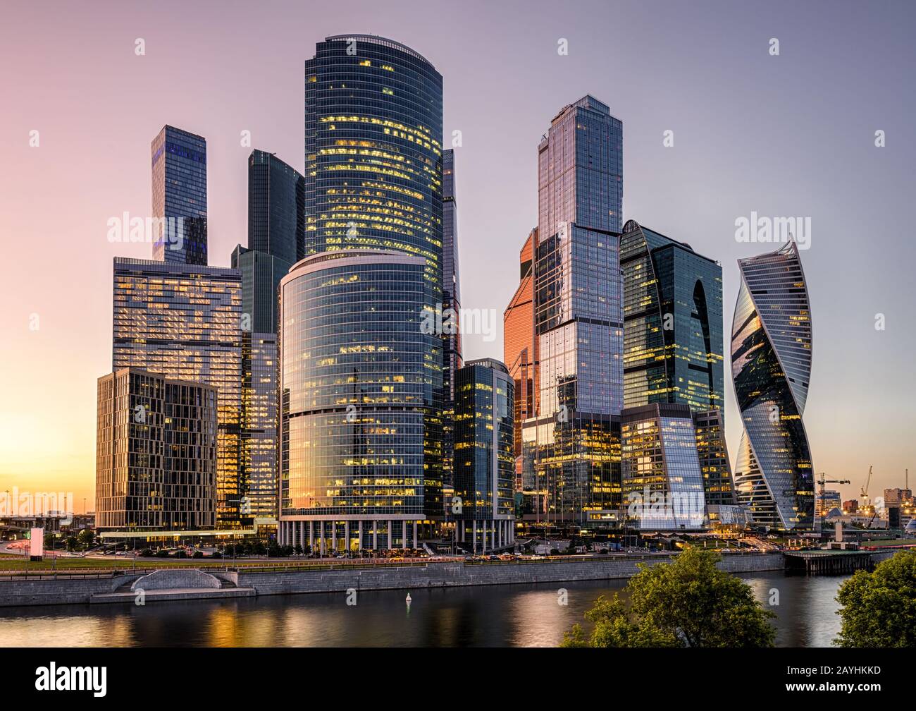 Moscow International Business Center or Moskva-City at sunset, Moscow, Russia. It is a new district with skyscrapers in the Moscow center. Panorama of Stock Photo
