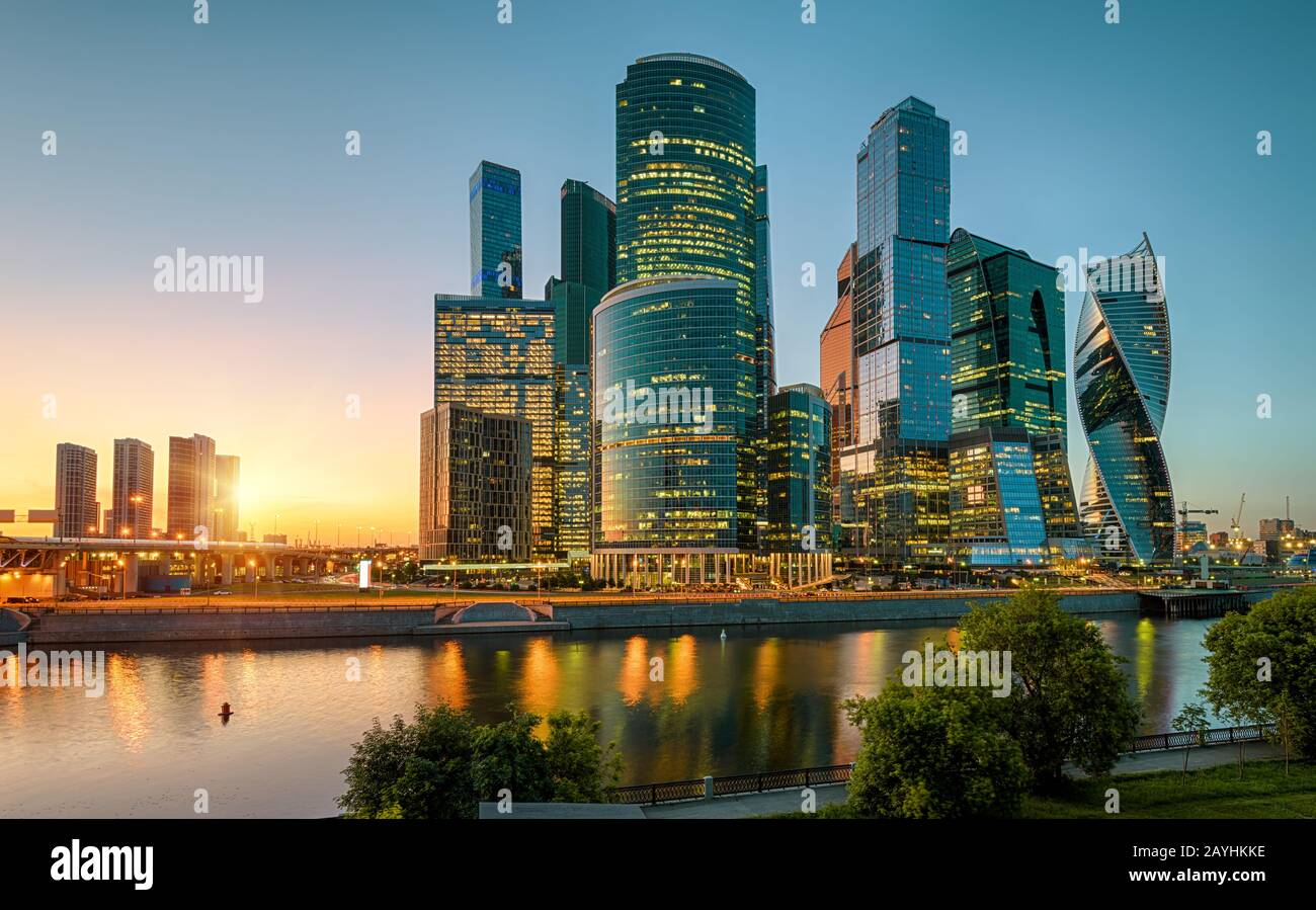 Scenic view of Moscow with skyscrapers of Moscow-City at sunset, Russia. Moscow-City is a business district on embankment of Moskva River. Cityscape o Stock Photo