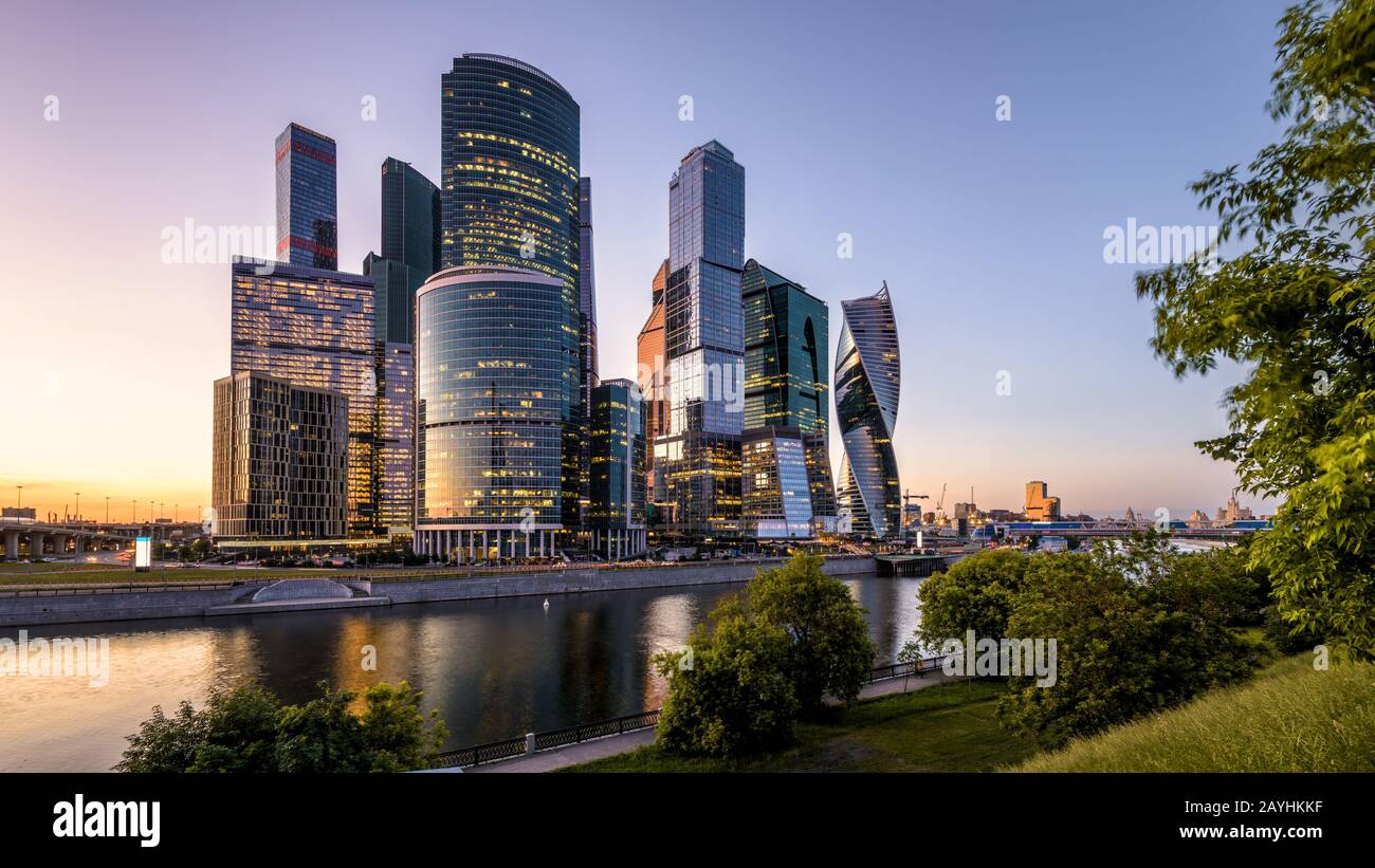 Moscow International Business Center or Moskva-City at dusk, Moscow, Russia. It is a new district with skyscrapers in the Moscow center. Panorama of m Stock Photo