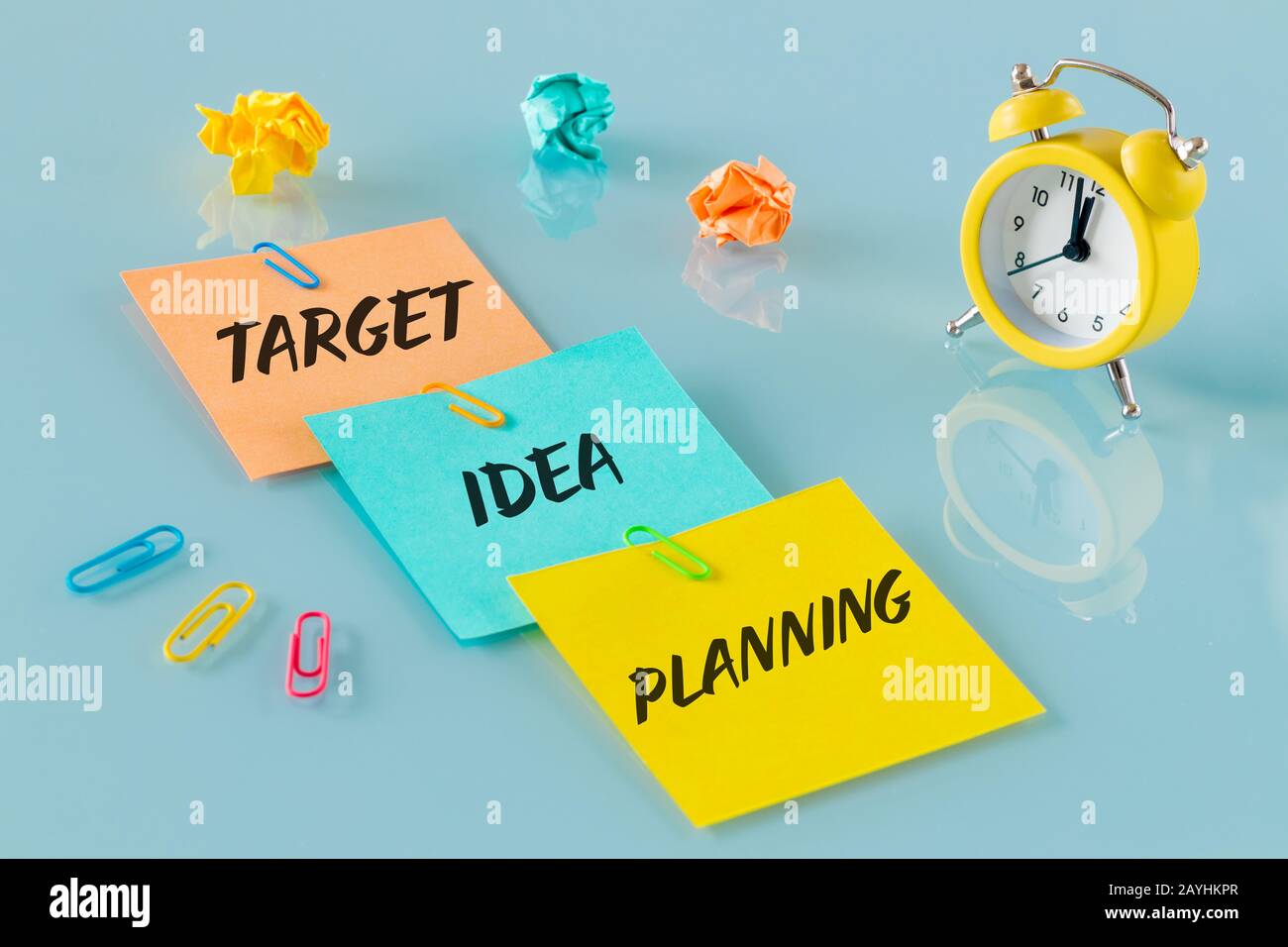 small colorful office notes with slogans; Goal, Idea, Planning. Concept