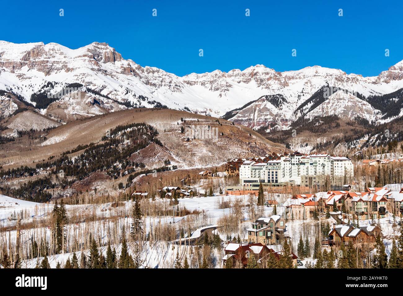 Winter in the San Juan Mountains and Mountain Village in Telluride, Colorado, USA Stock Photo
