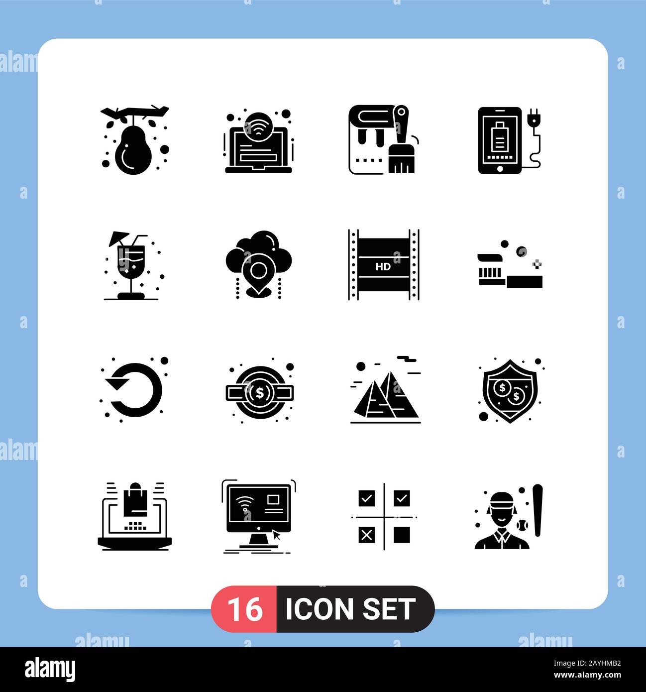 16 Solid Black Icon Pack Glyph Symbols for Mobile Apps isolated on