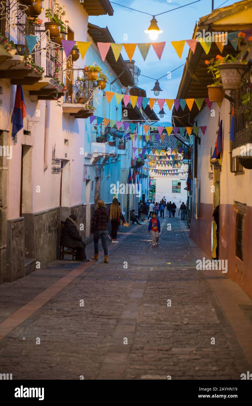 Calle La Ronda in the historic center (UNESCO World Heritage Site) of the city of Quito, Ecuador. Stock Photo