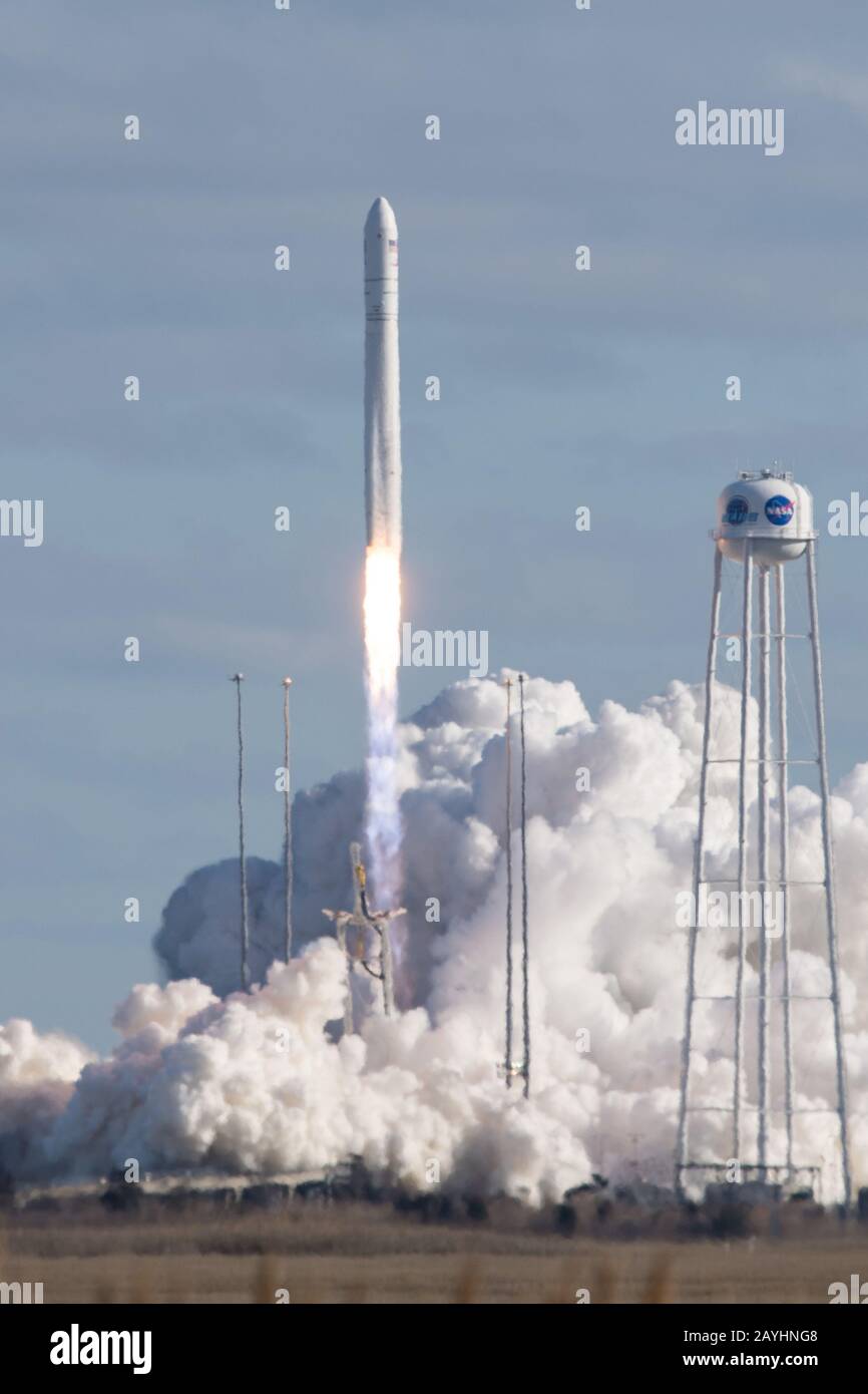 Wallops Island, USA. 15th Feb, 2020. The Northrop Grumman Antares rocket, with Cygnus resupply spacecraft onboard, launches from Pad-0A, on February 15, 2020, at NASA's Wallops Flight Facility in Virginia. Northrop Grumman's 13th contracted cargo resupply mission for NASA to the International Space Station will deliver more than 7,500 pounds of science and research, crew supplies and vehicle hardware to the orbital laboratory and its crew. NASA Photo by Aubrey Gemignani/UPI Credit: UPI/Alamy Live News Stock Photo